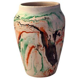 Vintage Nemadji Pottery Vase USA Marbled Swirl Clay Art Orange Green Black MCM